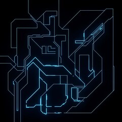 Intricate network of glowing blue lines create a complex and futuristic design on a dark background.