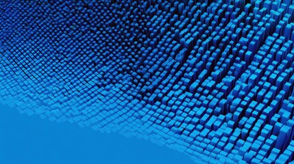 Abstract, textured pattern featuring countless square blocks in varying shades of blue, creating depth and a digital landscape