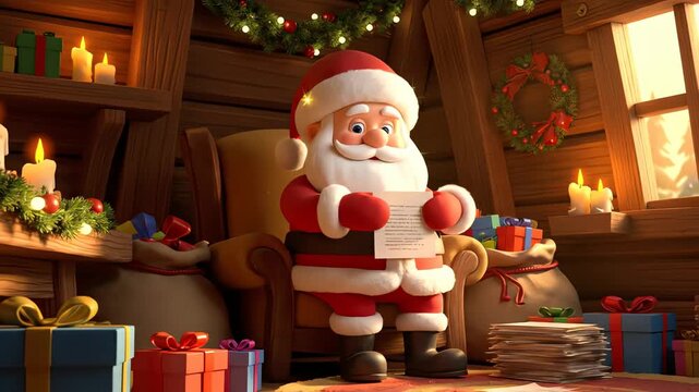 Cozy Christmas Eve scene of Santa Claus in his workshop meticulously reading the Santa Mail list of wishes