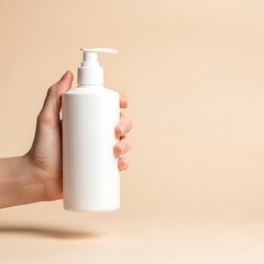 A minimalist, neutral-toned image showcases a blank, white pump bottle held in a hand against a beige background.