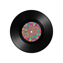 Black vinyl record with a colorful label
