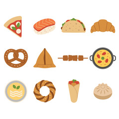 World Food Icon Set – 12 Flat Vector Icons (Pizza, Sushi, Taco, Croissant, Pretzel, Samosa, Satay, Paella, Pho, Simit, Gyro, Xiao Long Bao)