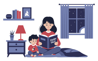 Mother and Child Reading a Fairy Tale Book Together at Night.