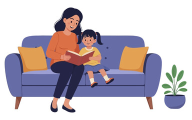 Mother and Daughter Reading Together on a Cozy Blue Couch Smiling and Happy.