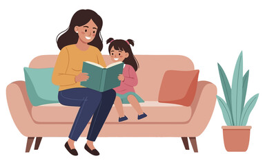 Mother and Daughter Sharing a Book on a Cozy Sofa.