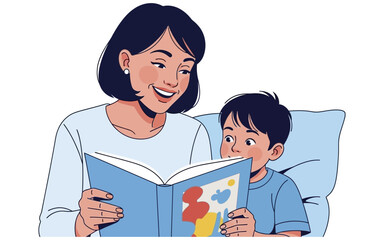 Smiling Mother Reading a Colorful Storybook to Her Curious Son in Bed.