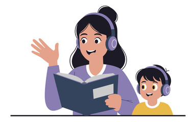 Woman Reading Book to Child Wearing Headphones.