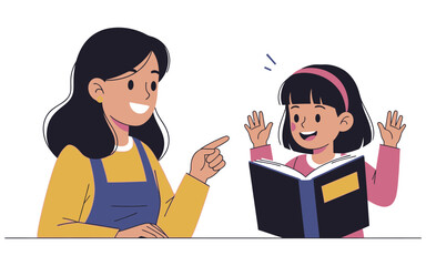 Happy Woman and Girl Reading Book Together Animated Illustration.