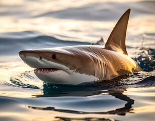 Fototapeta premium Great white shark surfacing at sunrise
