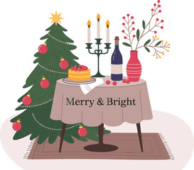 Christmas tree, holiday table, festive cake, wine glass, candlelight, Merry and Bright, holiday greeting, celebration, decoration, seasonal illustration