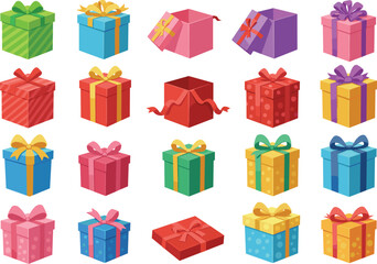 Colorful gift box set, birthday present illustrations, festive holiday packaging, wrapped boxes with ribbons, celebration icons, vector flat design.