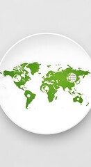 A world map graphic with green silhouettes and small globes, presented on a white circular plate.
