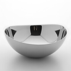 A polished, stainless steel bowl with an oval, smooth design is presented against a bright background.