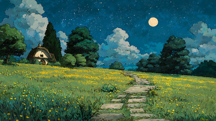 Starry sky, a meadow full of yellow flowers and green grass on the hillside in front of an old house with lights on inside