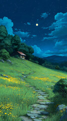Starry sky, a meadow full of yellow flowers and green grass on the hillside in front of an old house with lights on inside