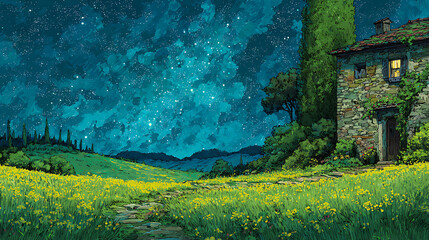 Starry sky, a meadow full of yellow flowers and green grass on the hillside in front of an old house with lights on inside