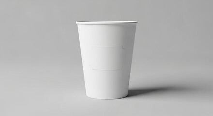 A plain white disposable paper cup with a lid, standing upright on a light gray background, casting a subtle shadow.