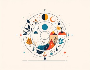 Fototapeta premium AI Generative Abstract Nature Cycle Illustration with Moon Phases, Mountains, and Floral Elements