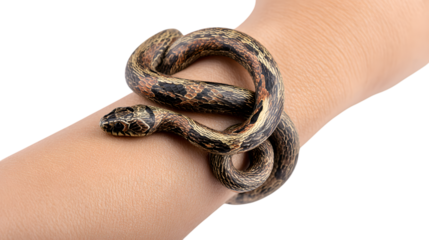Small Brown Snake Coiled Around Human Wrist – Isolated on White Background