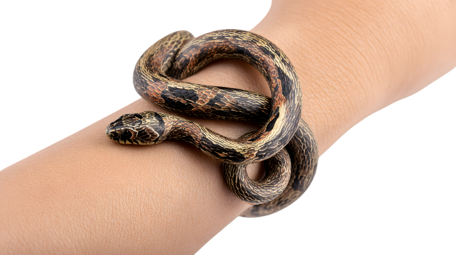 Small Brown Snake Coiled Around Human Wrist – Isolated on White Background
