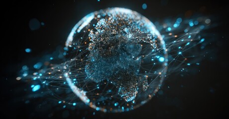 Abstract globe rendering with blue and orange particles. Intricate networks connect them, creating a sense of digital global interconnection on black