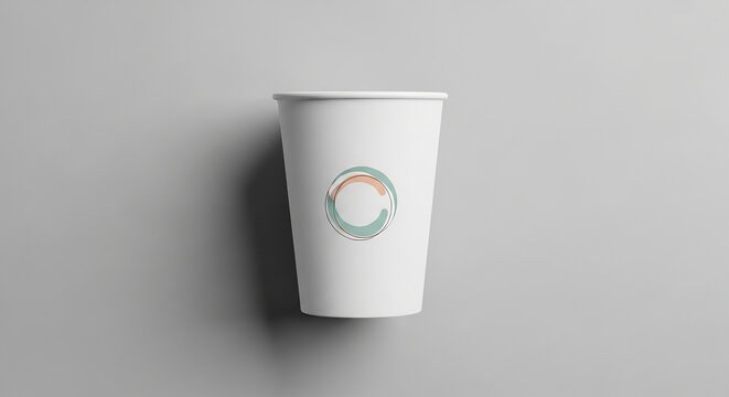 White paper cup with a circular logo design.