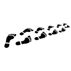 A series of black footprints traces a path across a white background, suggesting a journey or adventure.