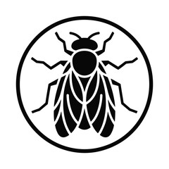 Stylized black silhouette of a fly inside a circular border