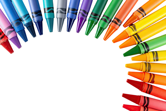Colorful crayons arranged in a semi-circle against black background