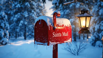 Charming red Santa Mail box covered in fresh snow and icicles, with a glowing lantern in a serene winter forest at dusk - Powered by Adobe