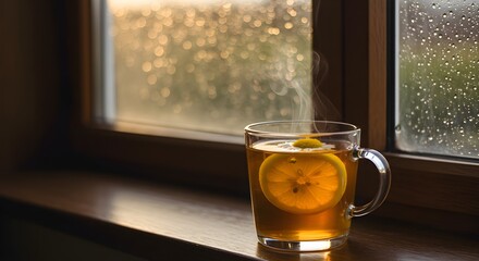 Warm tea by window on rainy day