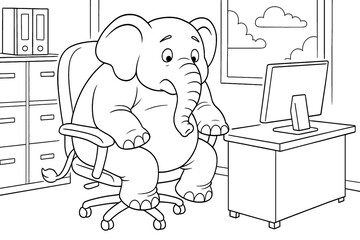 Cartoon elephant struggling to sit on office chair with desk and computer. Fun coloring page