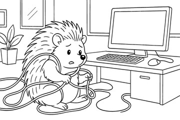 Worried cartoon hedgehog tangled in computer cables beside monitor and keyboard, tech coloring page