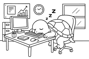 Sleepy cartoon turtle dozing on keyboard at office desk with monitor and charts, coloring page