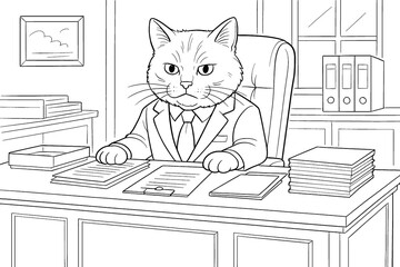 Serious cartoon cat executive in suit sitting at large office desk with documents, coloring page