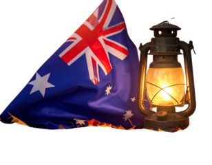 Australia Flag with Autumn Leaves and Vintage Lantern