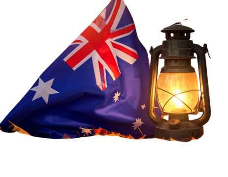 Australia Flag with Autumn Leaves and Vintage Lantern