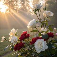 Fresh white and red roses with morning sunlight streaming in the background.