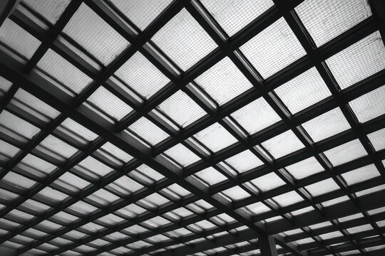 Upward monochrome view of a structured ceiling featuring a grid pattern of support beams and semi-transparent panels, creating an industrial aesthetic