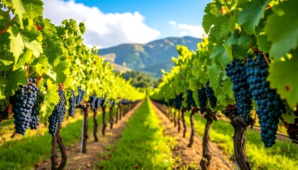 Vineyard rows stretch into a sunny landscape
