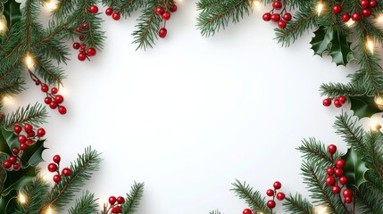 Festive Christmas Border with Pine Branches, Holly, and Red Berries