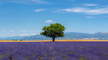 Vibrant lavender field with lone tree under vast blue sky and distant mountains