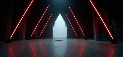 A dark corridor with a bright triangular exit framed by glowing red lines reflected on the polished floor
