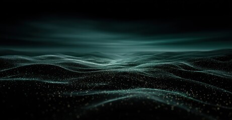 Ethereal digital landscape with undulating waves of teal and gold particles against a dark, blurred horizon, creating a sense of depth and mystery