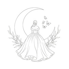 Illustration of young woman in a ball gown with butterflies and moon