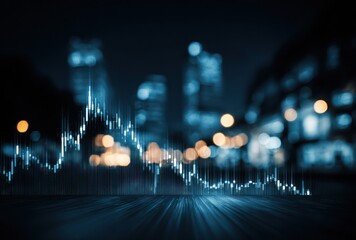 A luminous graph overlayed on a blurred cityscape at night, showing upward and downward trends, with a sense of speed and movement