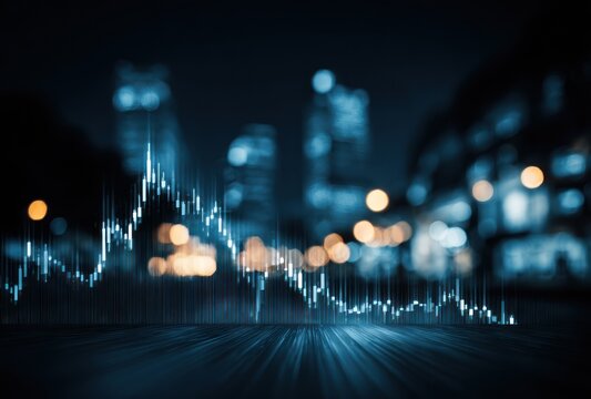 A luminous graph overlayed on a blurred cityscape at night, showing upward and downward trends, with a sense of speed and movement