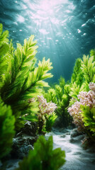 Underwater sunlight green seaweed coral sand ocean floor marine life peaceful nature aquatic clear water