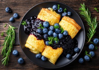 Golden crepes drizzled with blueberry compote and garnished with fresh rosemary, served on a dark plate on a rustic wooden surface