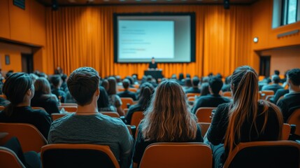 Audience Members in a Lecture Hall Focused on a Presentation